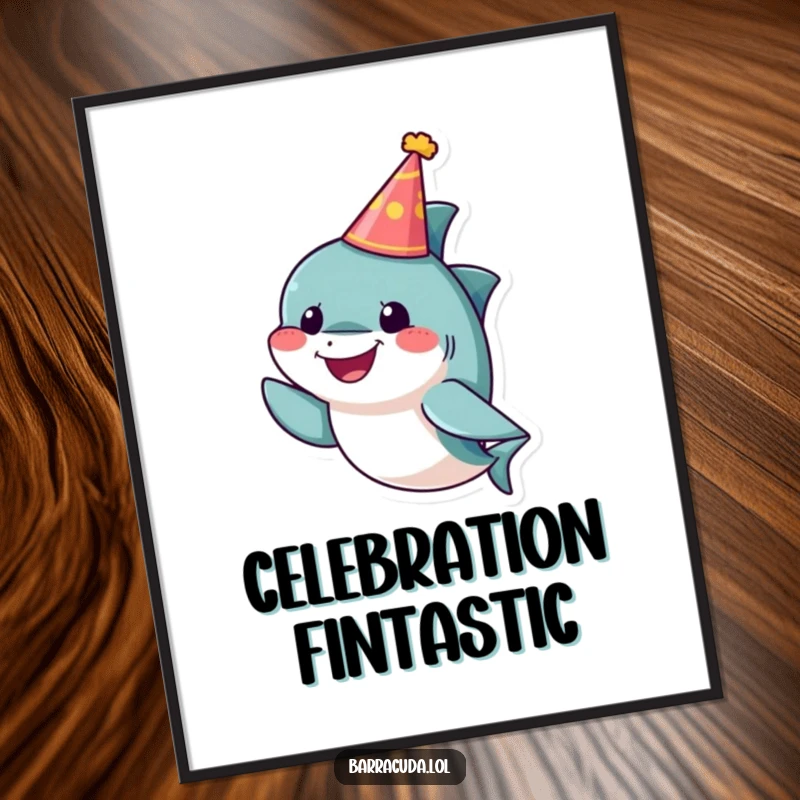Funny barracuda poster art featuring a small, cheerful fish wearing a tiny party hat, perfect for festive and humorous decor.