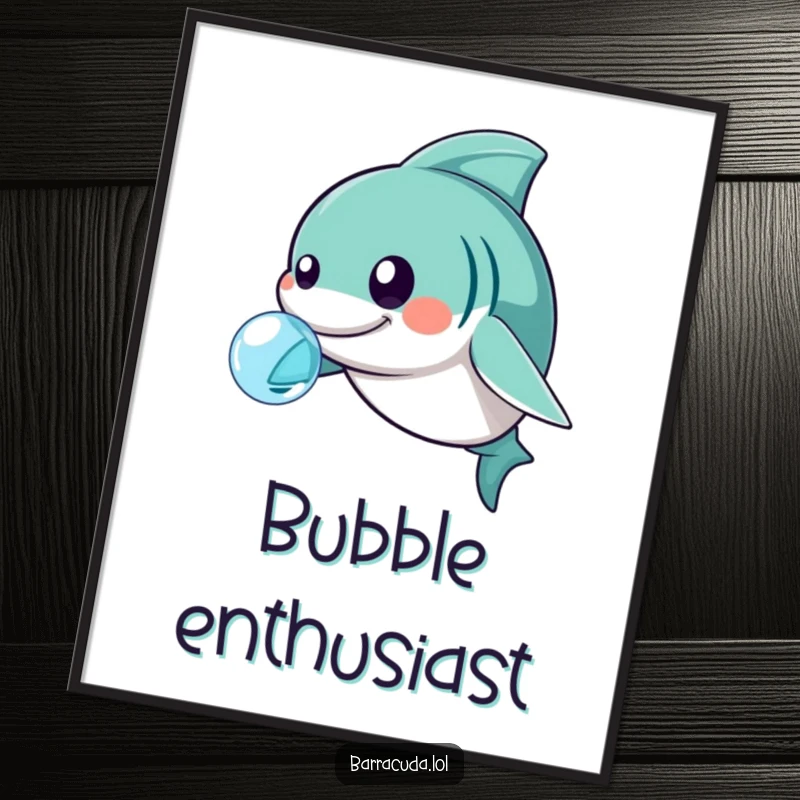 Funny kawaii barracuda nose-to-bubble interaction, serene and humorous underwater poster.
