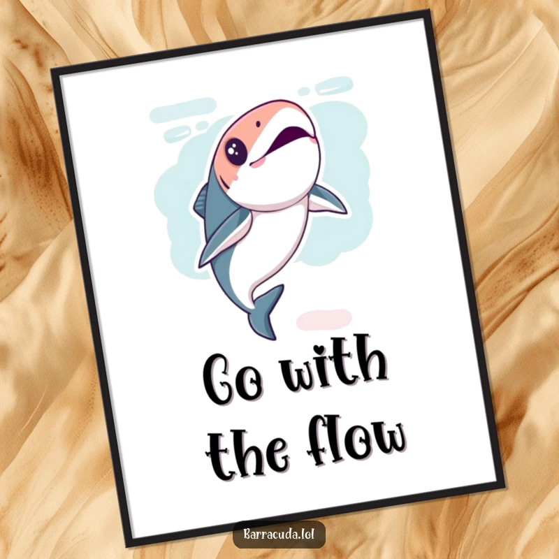 Funny Kawaii Barracuda Poster depicting a fish in a playful underwater flip, symbolizing aquatic movement and joy.
