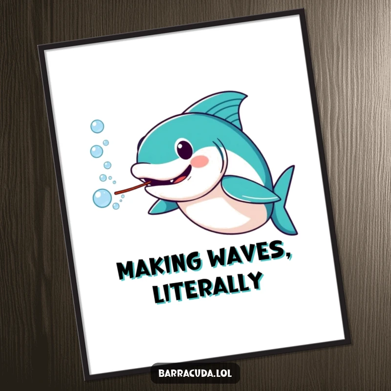 Funny barracuda poster art of an amused barracuda exhaling a stream of colorful water bubbles, adding cheer to any wall.