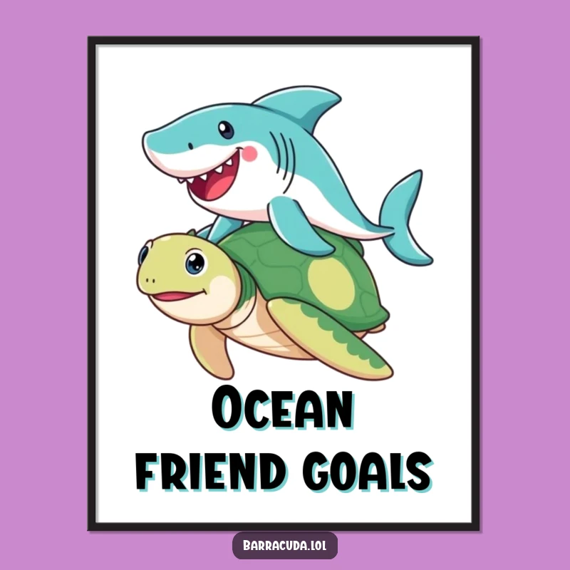 Funny Barracuda Joyful Sea Turtle Poster - Hilarious Ocean Art Print Gift