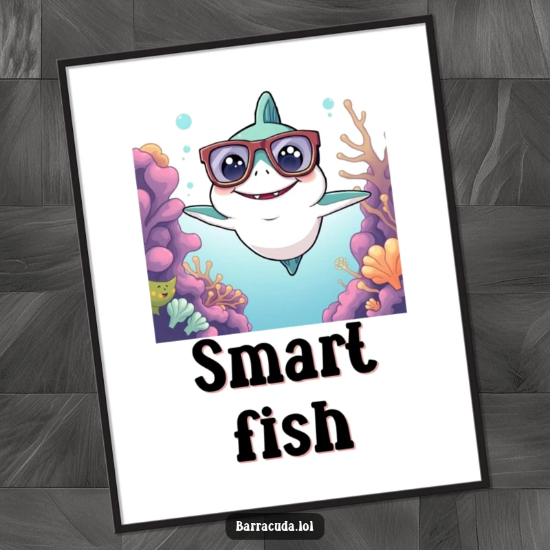 Funny Kawaii Barracuda Poster: a cute barracuda wearing oversized glasses surveys the reef with delight, adding smart art.