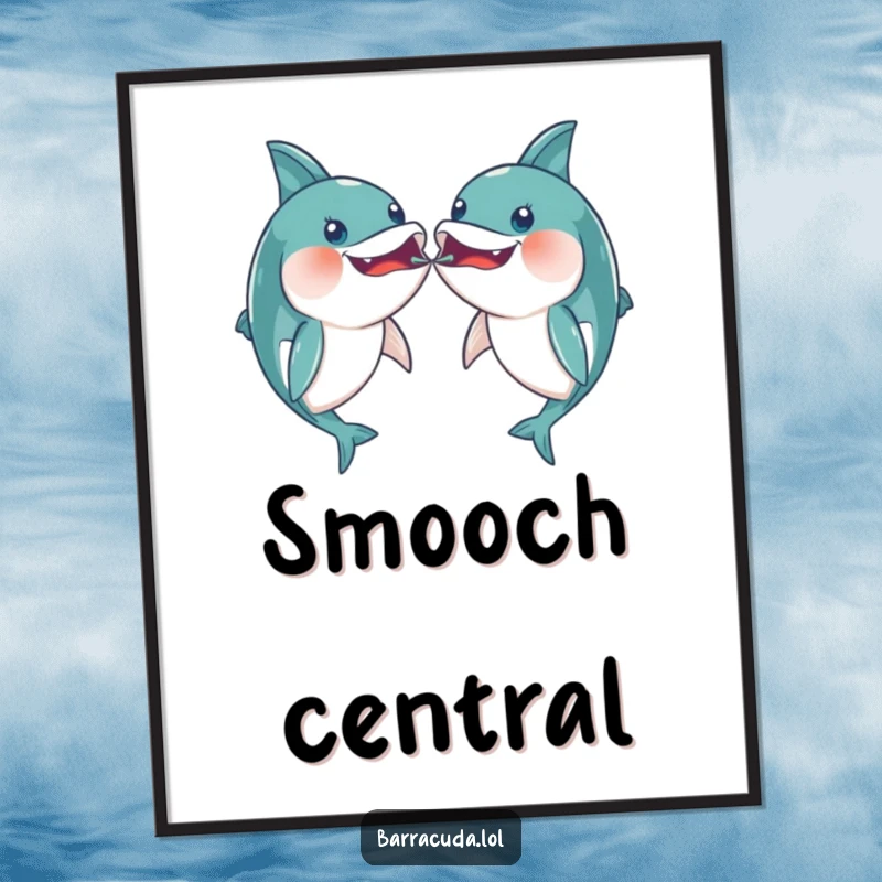 Funny pair of kawaii barracudas playfully bumping mouths on a wall art print, a heartwarming and humorous decoration.