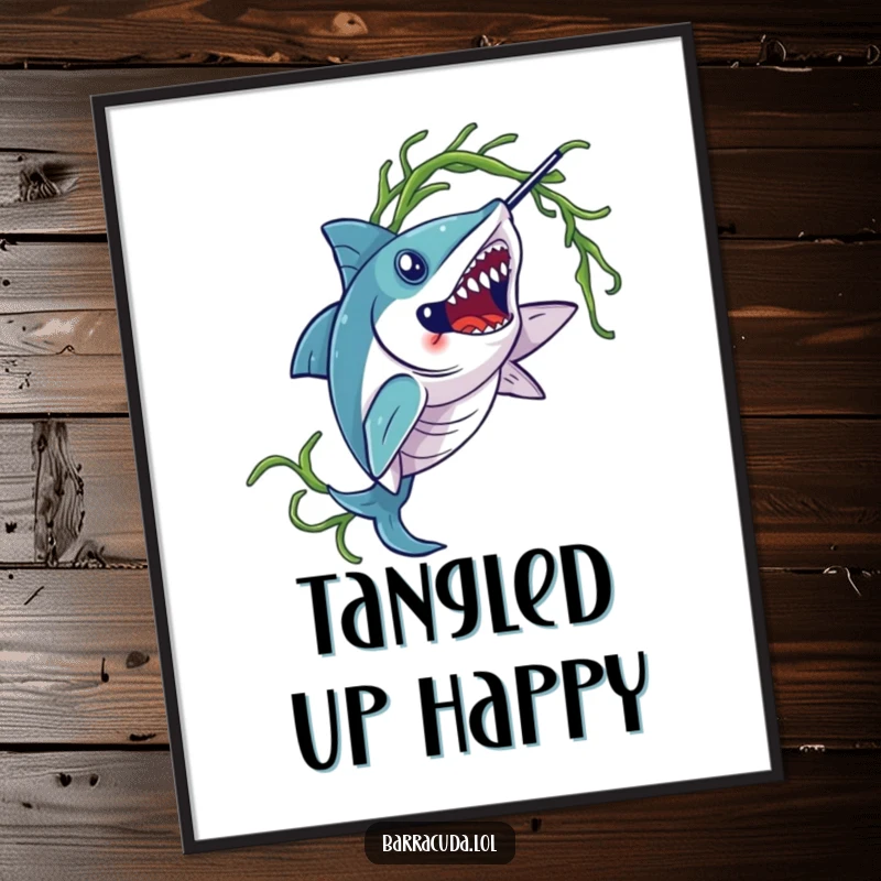 Funny barracuda poster, showcasing a barracuda elegantly twirling a strand of seaweed in a beautiful underwater scene.