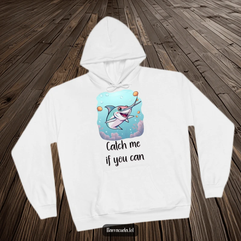 Funny barracuda hoodie illustration of an energetic barracuda playing underwater tag, perfect for cozy, active wear.