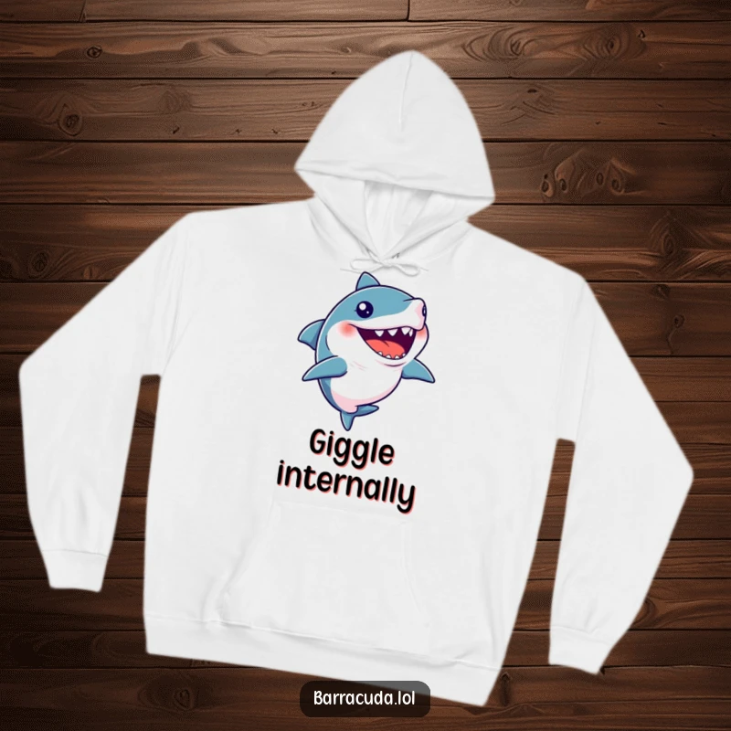 Funny hoodie with a barracuda captured mid-silent-giggle, offering a humorous and comfortable vibe.