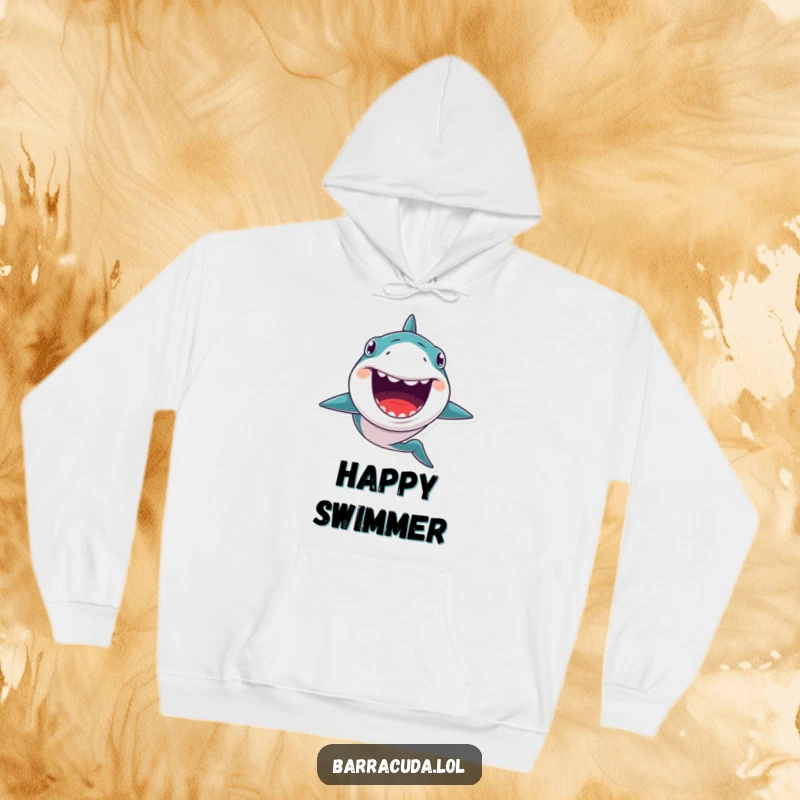 Funny hoodie depicting a kawaii barracuda with a huge, toothy grin, swimming excitedly forward, offering cozy and quirky ocean vibes.
