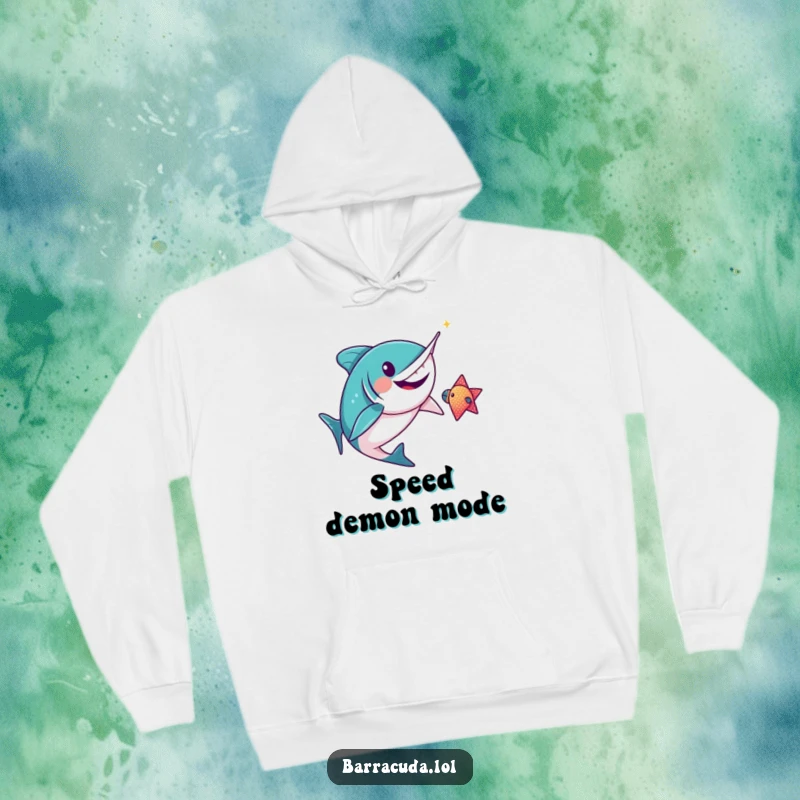 Funny kawaii barracuda gleefully chasing a sparkly fish on a cozy hoodie, evoking playful energy and warmth.