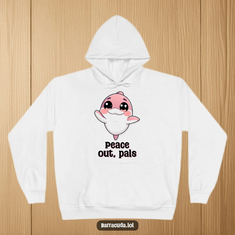Funny kawaii barracuda with big innocent eyes offering a friendly wave on a cozy hoodie, radiating warmth and comfort.