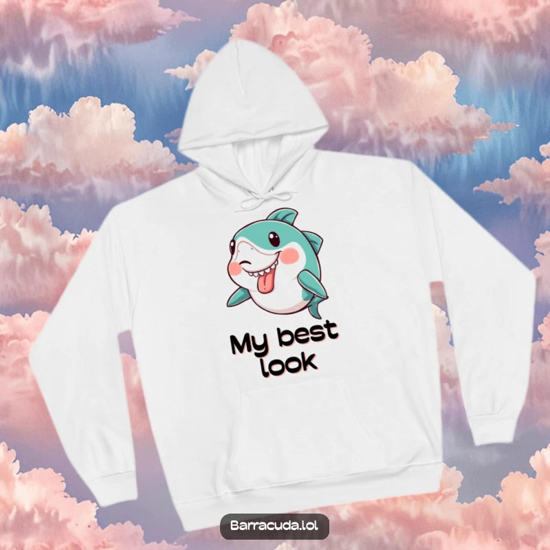 Funny kawaii barracuda making a silly face with its tongue sticking out slightly on a warm hoodie, radiating playfulness.