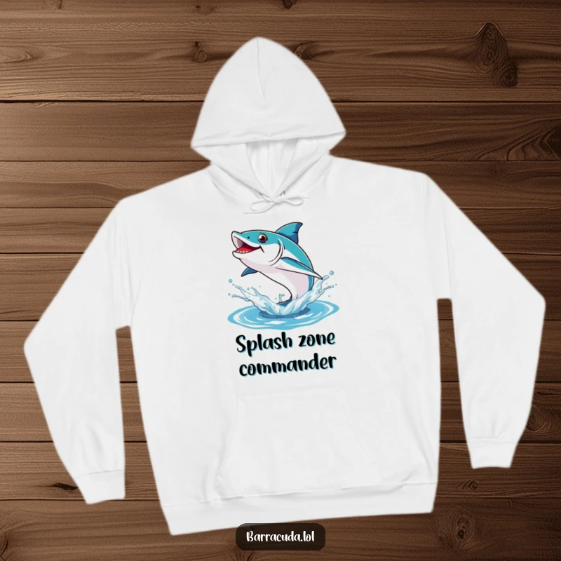 Funny hoodie depicting a barracuda playfully leaping high out of a large, splashing wave of water.