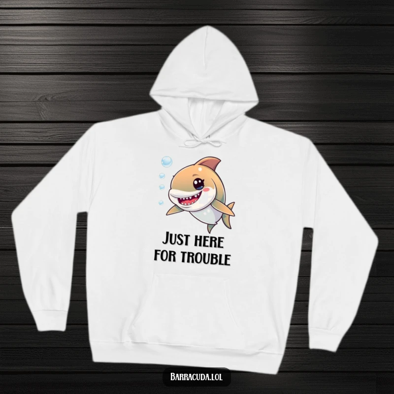 Funny hoodie featuring a cute barracuda with a happy, mischievous grin, joyfully pursuing a cascade of shimmering bubbles.