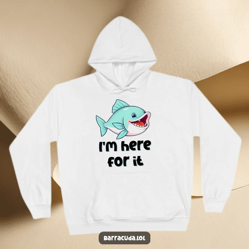 Funny fish hoodie featuring a sleek, gleeful swimmer with a wide, toothy grin, perfect for cozying up with a smile.