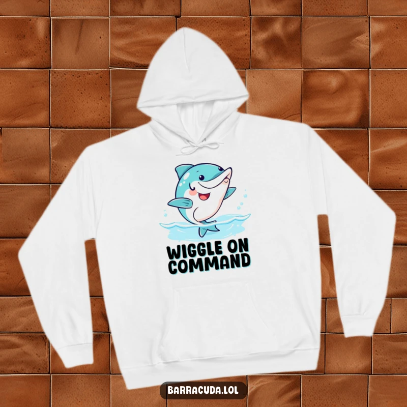 Funny kawaii barracuda doing a happy wiggle dance, soft and humorous hoodie.