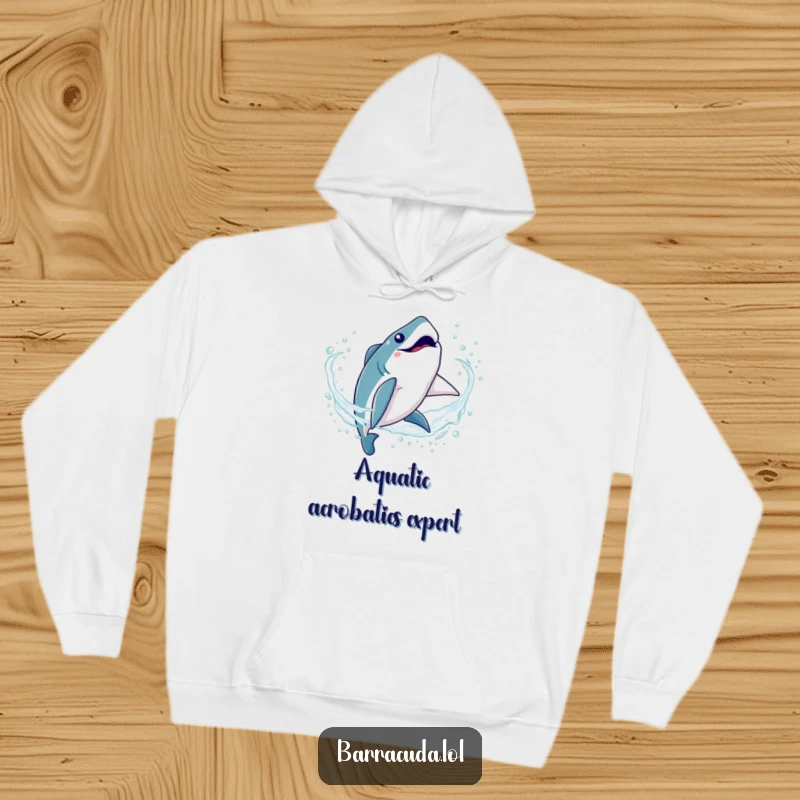 Funny Kawaii Barracuda Hoodie: A comfortable hoodie featuring a cute fish doing a playful somersault in sparkling water.
