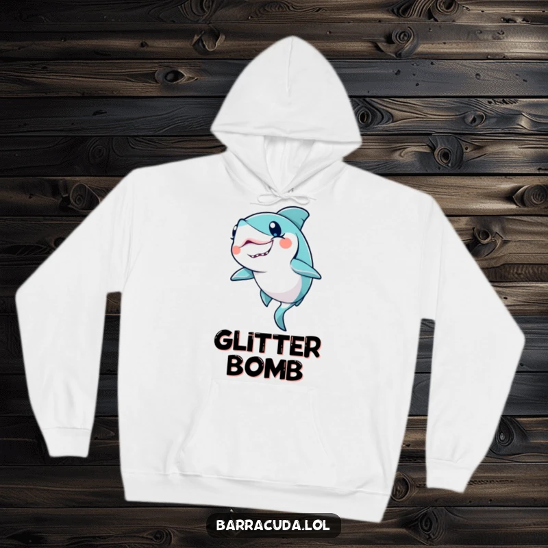 Funny Kawaii Barracuda Hoodie: a cute barracuda winks with a glitter trail, offering magical comfort and warmth.