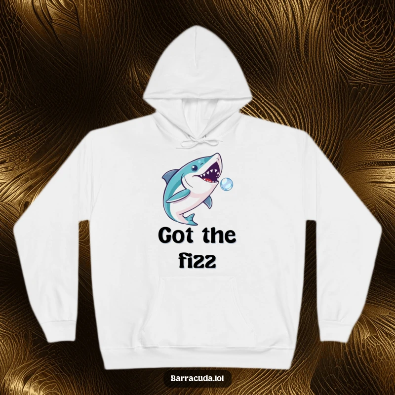Funny barracuda hoodie depicting a fish playfully chasing a bubble, offering warmth and a humorous, whimsical aquatic theme.