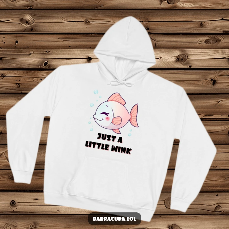 Funny fish hoodie with a playful fish winking, surrounded by tiny bubbles, offering comfort and a touch of mischief.