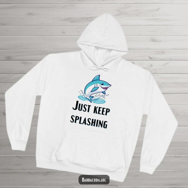 Funny kawaii barracuda leaping energetically from blue water, splashing, cute and cozy hoodie design.