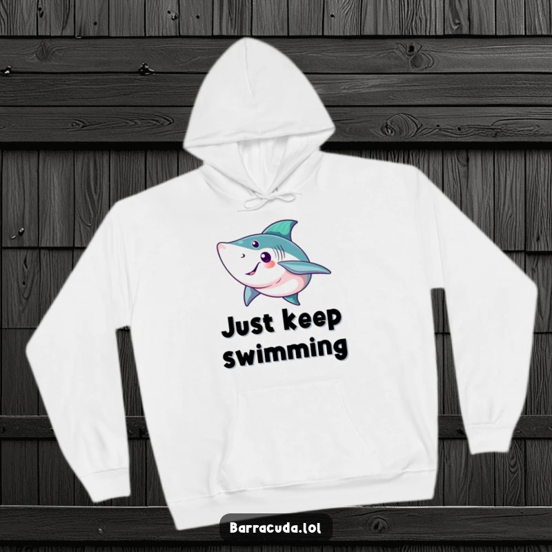 Funny barracuda hoodie featuring a fish giving a big, friendly tail fin wave, ideal for cozy ocean-themed wear.