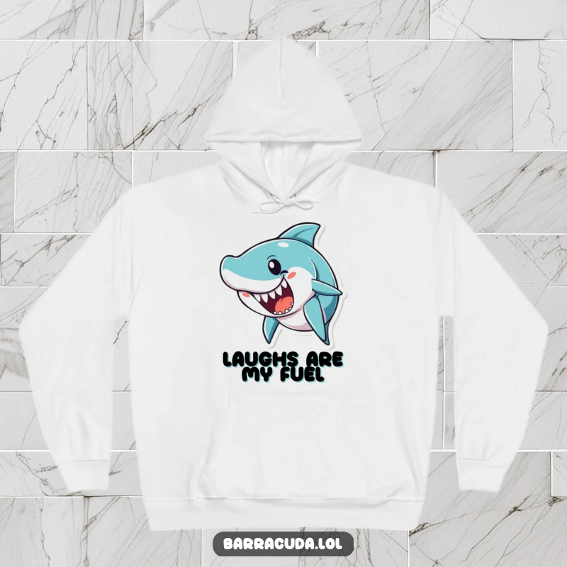 Funny barracuda character with an open mouth, ready to deliver a joke, depicted on a cozy and humorous hoodie.