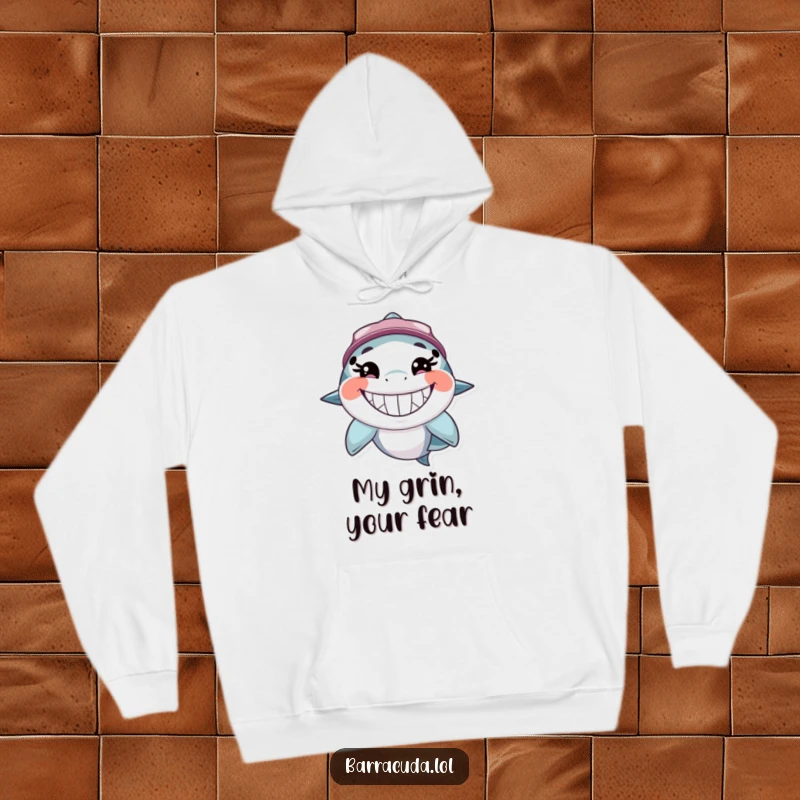 Funny barracuda hoodie showcasing a character with a massive, toothy, happy grin, designed for ultimate comfort and infectious laughter.