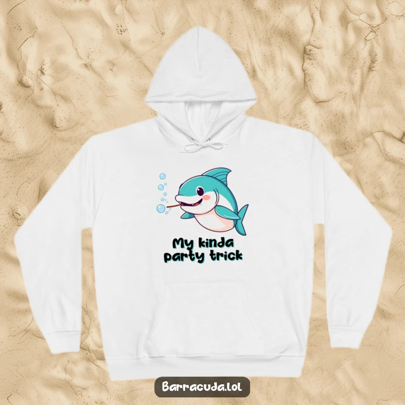Funny barracuda hoodie illustration of an amused barracuda exhaling a stream of cheerful water bubbles, perfect for cozy wear.
