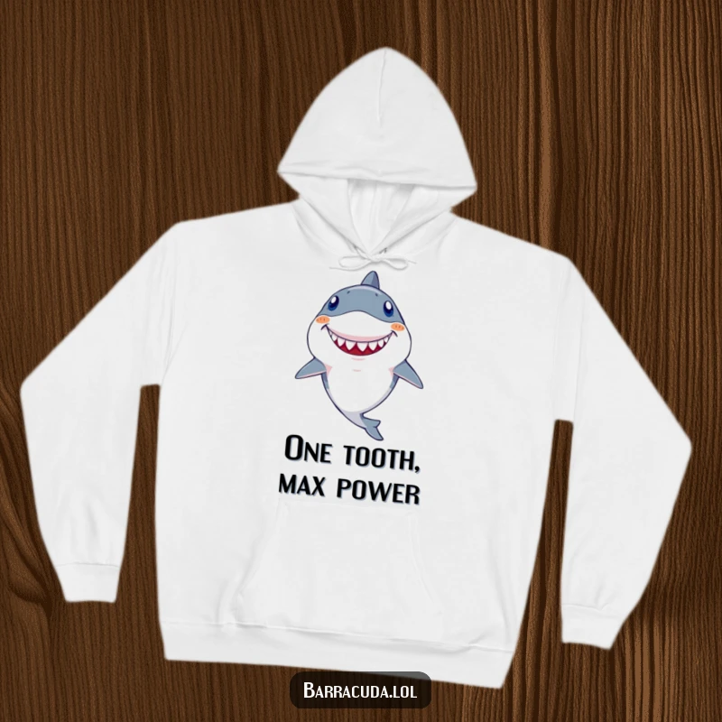 Funny Kawaii Barracuda Hoodie: Cute fish with a giant goofy tooth, sporting a wide, comically happy grin, perfect for lounging.