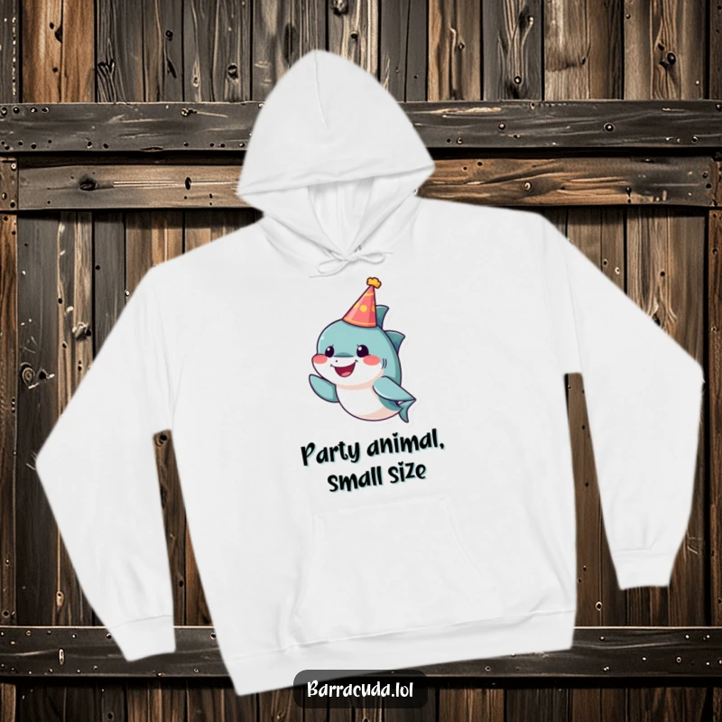 Funny barracuda hoodie featuring a small, cheerful fish wearing a tiny party hat, designed for cozy celebrations and fun.