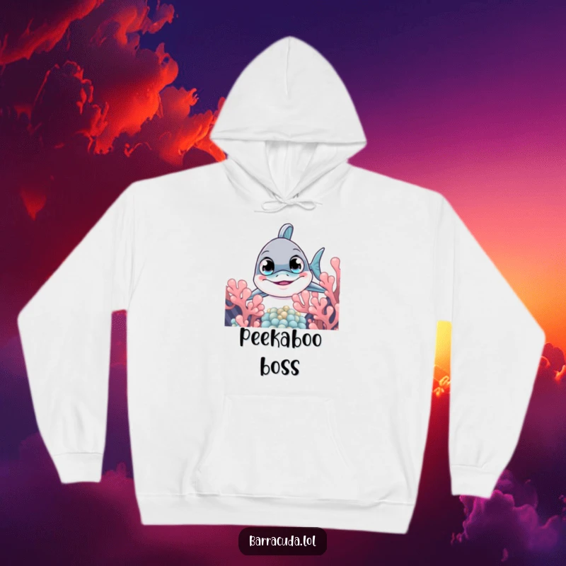 Funny barracuda hoodie depicting a curious fish peeking from coral, offering warmth and a humorous, exploratory ocean theme.