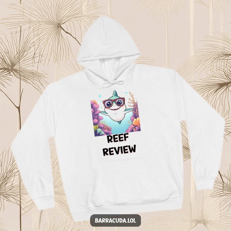 Funny Kawaii Barracuda Hoodie: a cute barracuda with oversized glasses surveys the reef, offering warm, intellectual comfort.