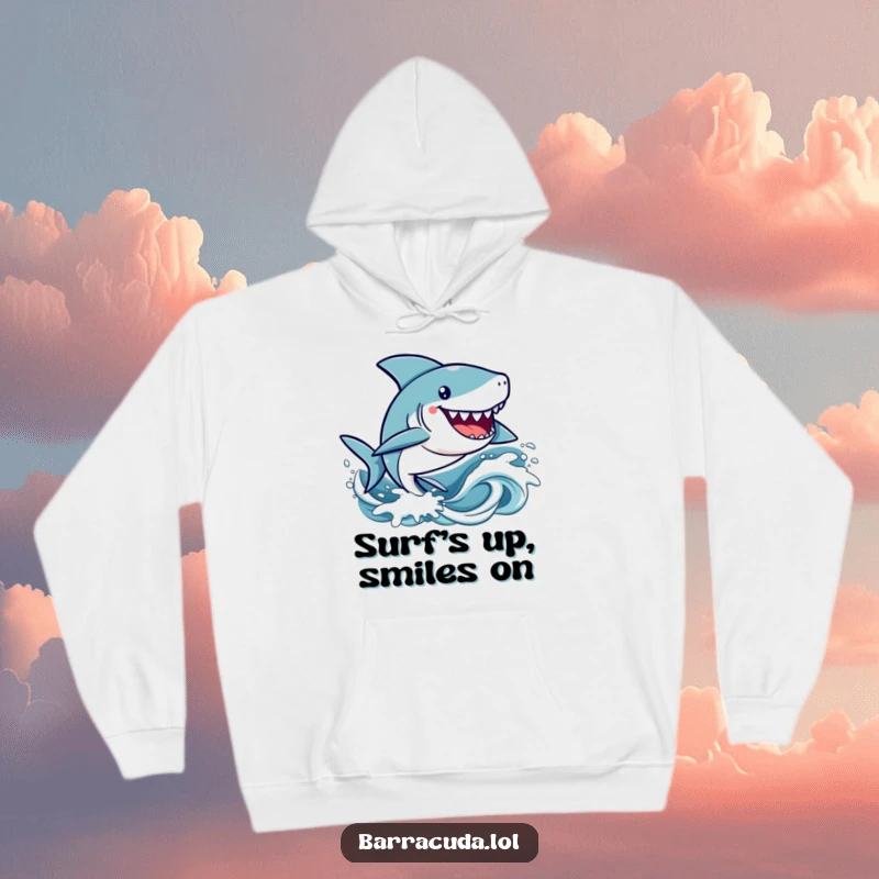 Funny kawaii barracuda character happily zipping through stylized waves, depicted in a cozy and humorous hoodie design.