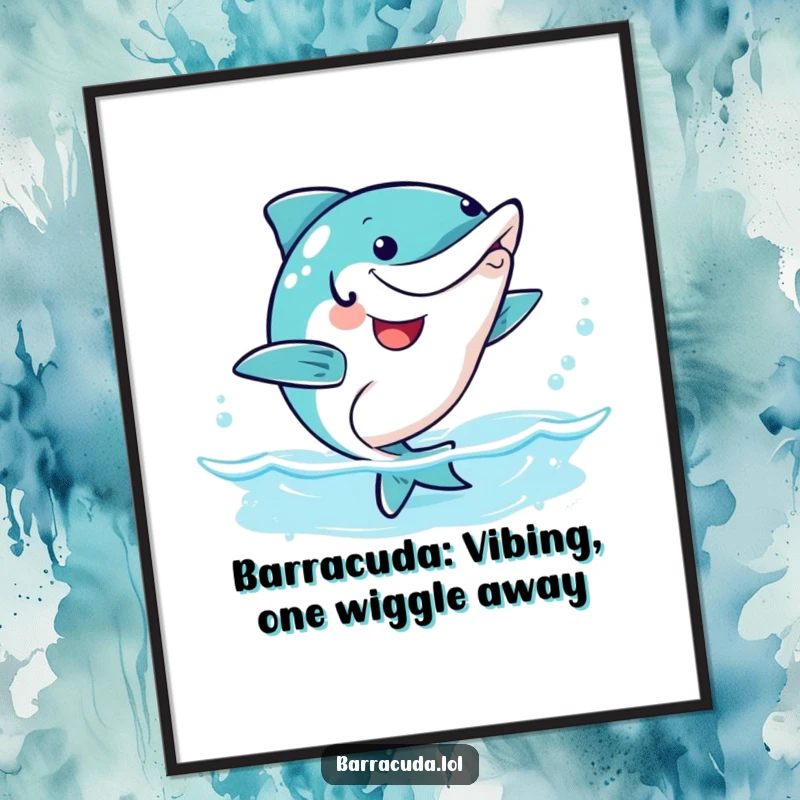 Funny Free Printable Wall Art: A kawaii barracuda joyfully performing a silly wiggle dance in water.