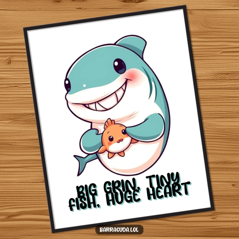 Funny Free Printable Wall Art: Big-grinned barracuda gently holding a tiny, shy fish friend in a sweet moment.