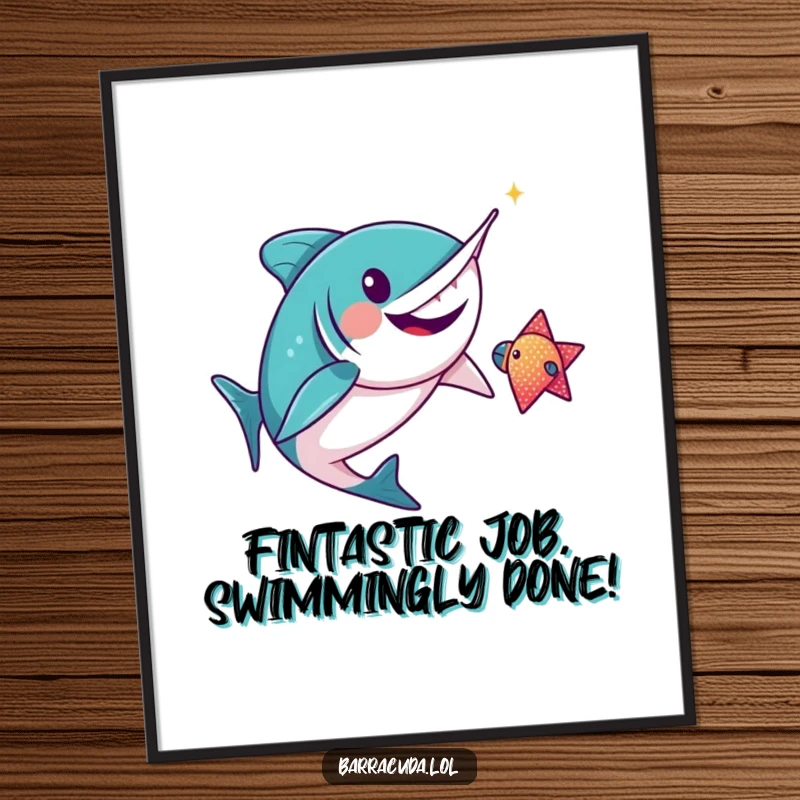 Funny free printable wall art depicting a kawaii barracuda hilariously chasing a sparkly fish, perfect downloadable decor.