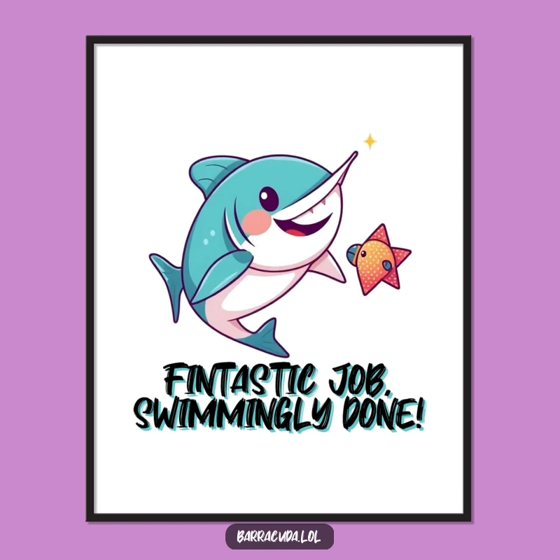 Free Printable Kawaii Barracuda Art: Funny Fish Chase Downloadable Decor