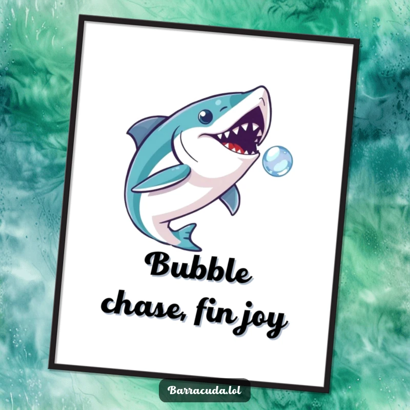 Funny Free Printable Wall Art: A barracuda is depicted playfully chasing a tiny, sparkling bubble with great enthusiasm.