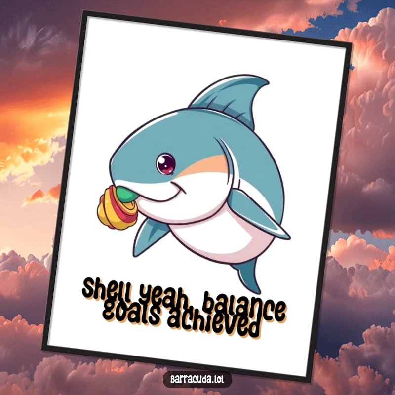 Funny Free Printable Wall Art: Barracuda with intense concentration balancing a tiny, colorful shell on its nose.