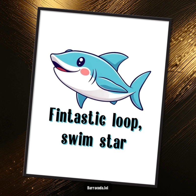 Funny Free Printable Wall Art: A cute barracuda with a wide smile energetically swims in a perfect loop.