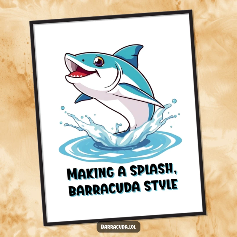 Funny Free Printable Wall Art: Barracuda mid-leap out of a refreshing water splash, capturing movement and humor.