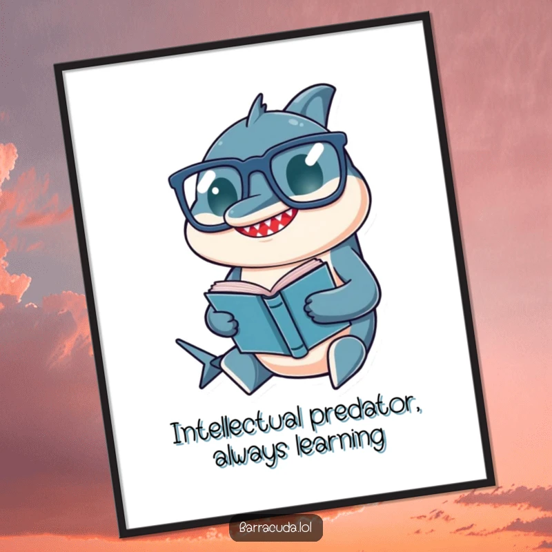 Funny Free Printable Wall Art: Barracuda in oversized glasses, deeply focused on a miniature book, a wise and humorous piece.