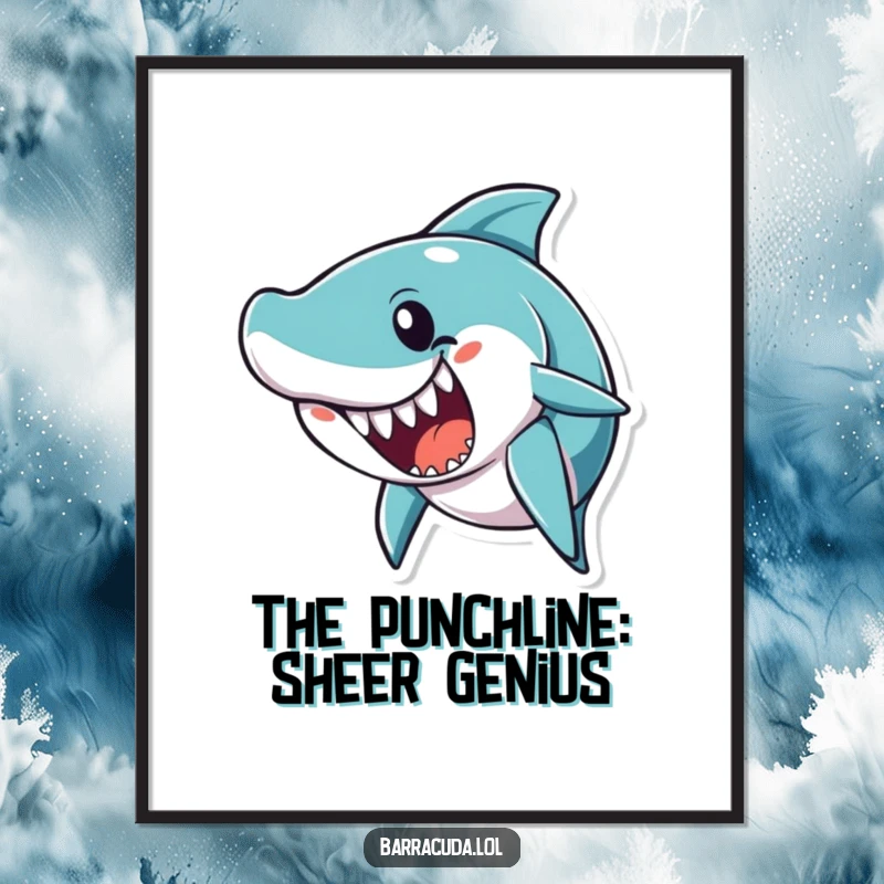 Funny Free Printable Wall Art: A barracuda character stands with its mouth open wide, humorously prepared to tell a joke.