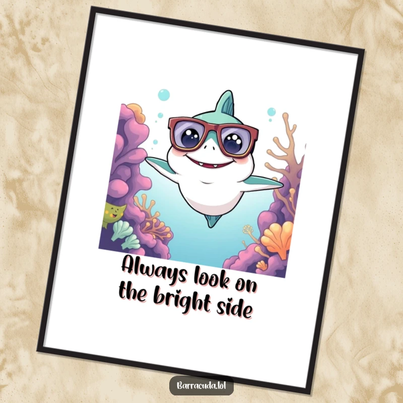 Funny Free Printable Wall Art: a kawaii barracuda wearing oversized glasses, delightedly surveying the vibrant reef.