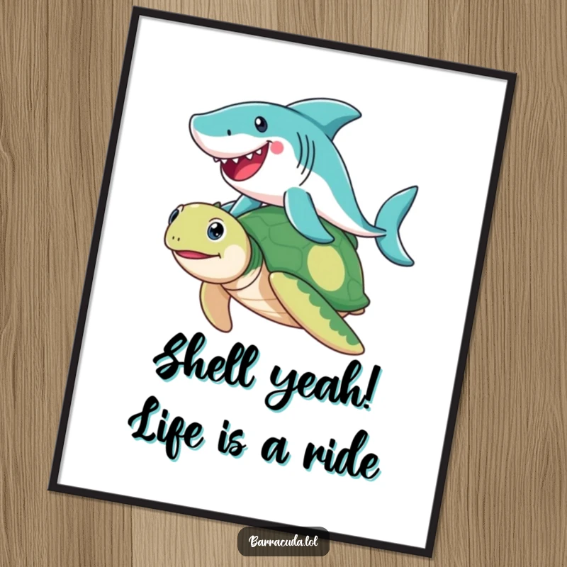 Funny Free Printable Wall Art: A barracuda gleefully surfs on the back of a smiling sea turtle.