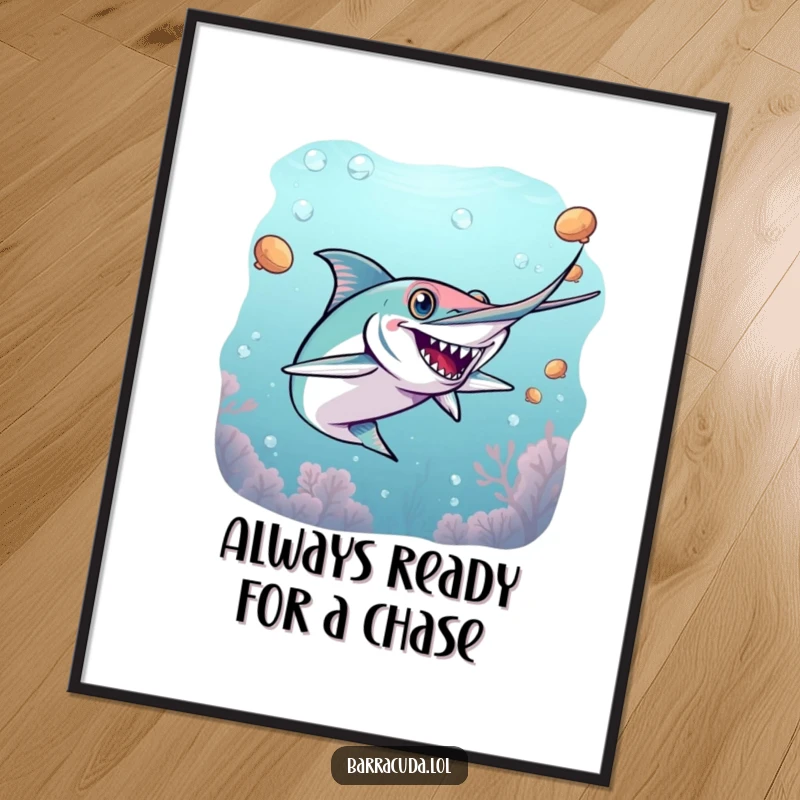 Funny Free Printable Wall Art: Energetic barracuda in mid-leap, caught playing a fast-paced game of underwater tag.