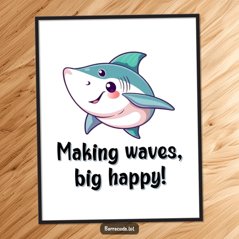 Funny Free Printable Wall Art: A cheerful barracuda flashes a wide smile and gives a big, friendly wave with its tail fin.