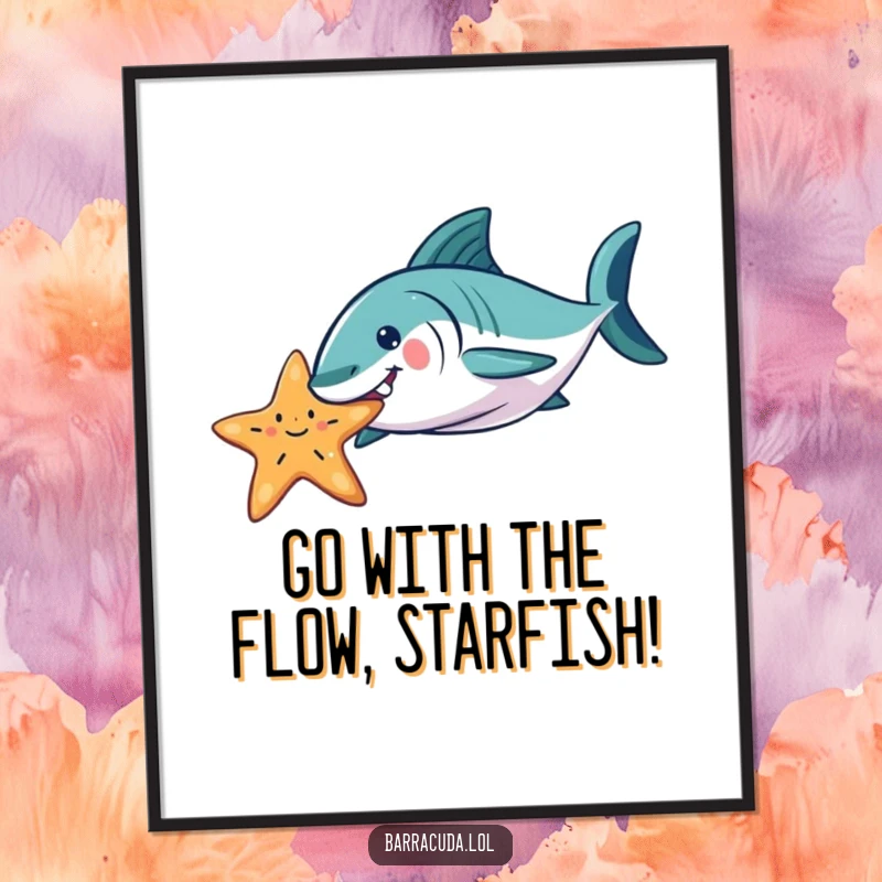 Funny Free Printable Wall Art: A barracuda playfully nudges a happy starfish floating in the water.