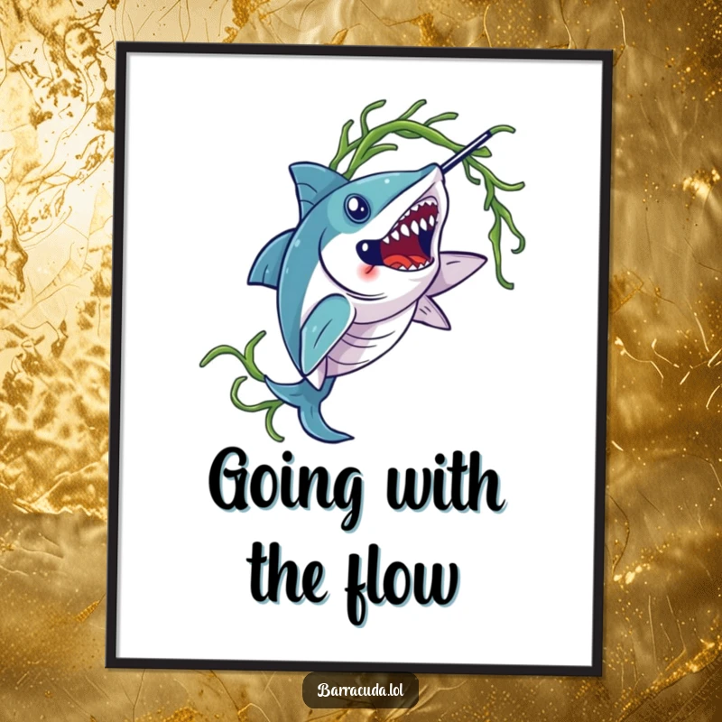 Funny Free Printable Barracuda Wall Art: An elegant fish twirling seaweed, bringing seaside humor indoors.