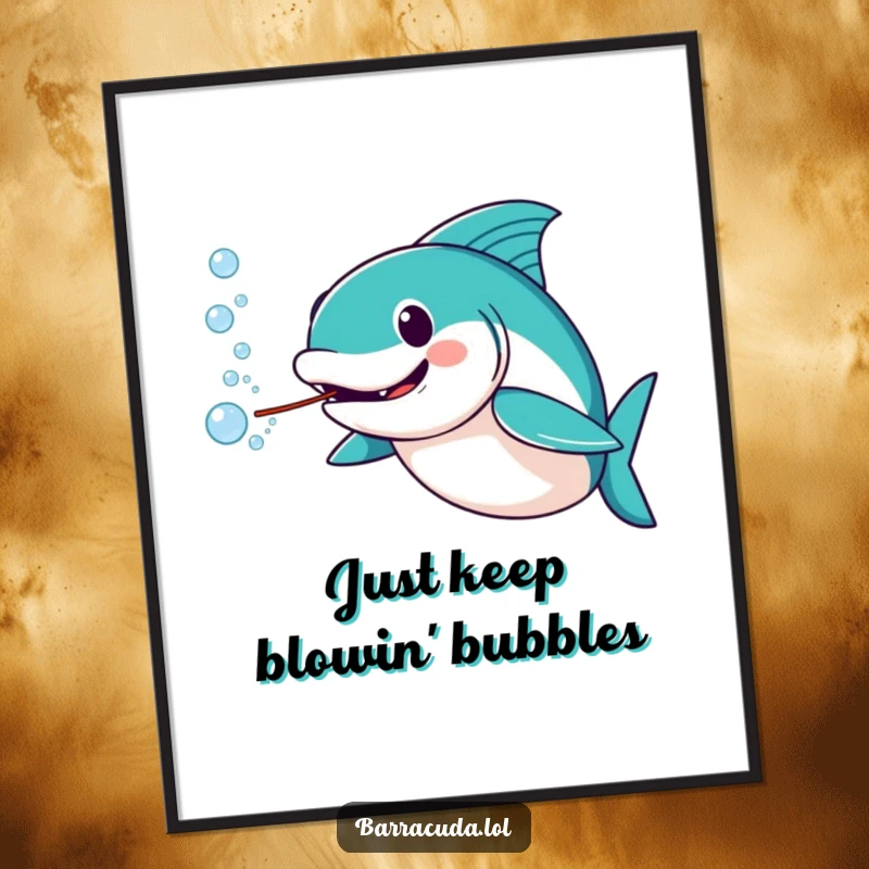 Funny Free Printable Wall Art: Amused barracuda playfully blowing a stream of water bubbles, a cheerful underwater scene.