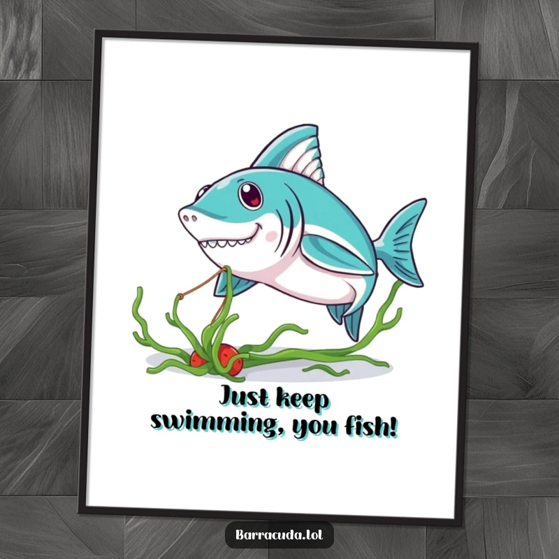 Funny Free Printable Wall Art of a kawaii barracuda playfully tugging on a strand of seaweed, adding whimsical decor.